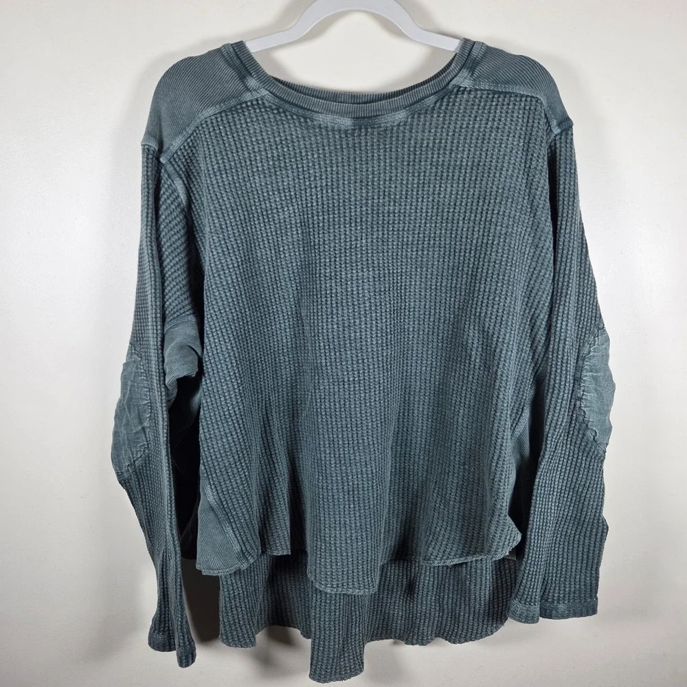 Free People FP One Waffle Knit Thermal Womens Large Teal Elbow Patch Boho Top